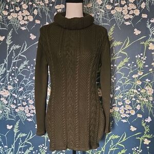 Olive Cable-Knit Cowl Neck Women's Sweater Dress